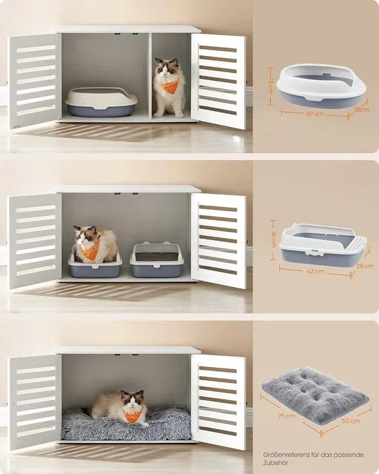 Furnstar Kattenbak - Kattenhuis met uitneembare scheidingswand - 2 lamellendeuren - Kattentoilet - Bijzettafel - 80 x 53 x 49 cm - Wolkenwit
