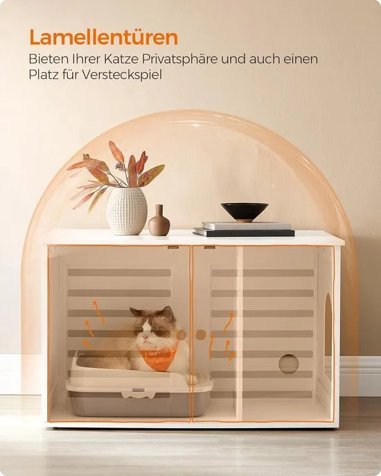 Furnstar Kattenbak - Kattenhuis met uitneembare scheidingswand - 2 lamellendeuren - Kattentoilet - Bijzettafel - 80 x 53 x 49 cm - Wolkenwit