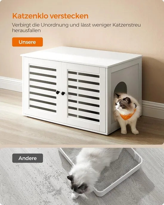 Furnstar Kattenbak - Kattenhuis met uitneembare scheidingswand - 2 lamellendeuren - Kattentoilet - Bijzettafel - 80 x 53 x 49 cm - Wolkenwit
