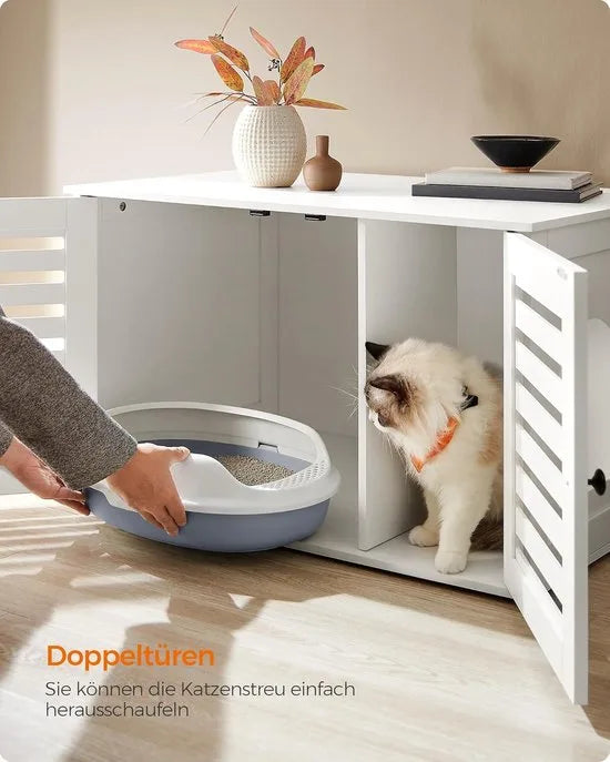 Furnstar Kattenbak - Kattenhuis met uitneembare scheidingswand - 2 lamellendeuren - Kattentoilet - Bijzettafel - 80 x 53 x 49 cm - Wolkenwit