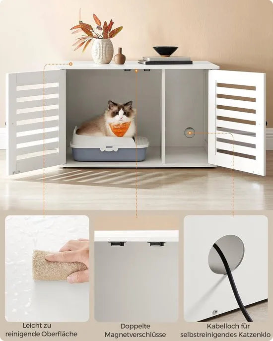Furnstar Kattenbak - Kattenhuis met uitneembare scheidingswand - 2 lamellendeuren - Kattentoilet - Bijzettafel - 80 x 53 x 49 cm - Wolkenwit