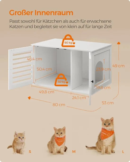 Furnstar Kattenbak - Kattenhuis met uitneembare scheidingswand - 2 lamellendeuren - Kattentoilet - Bijzettafel - 80 x 53 x 49 cm - Wolkenwit
