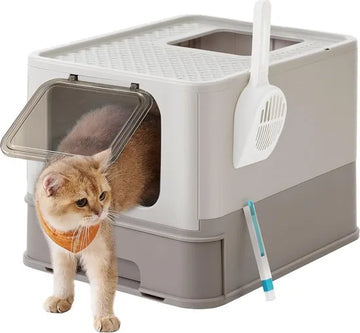 FurnStar - Kattenbak - Kattentoilet - Met Deksel - Uittrekbaar Dienblad - Schep - Borstel - Ruim - Voor Katten Tot 15 Kg - Minder Sporen - Lekvrije Bodem - Havermoutkleurig - Warmgrijs