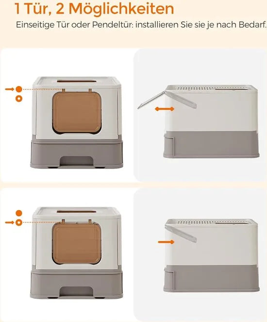 FurnStar - Kattenbak - Kattentoilet - Met Deksel - Uittrekbaar Dienblad - Schep - Borstel - Ruim - Voor Katten Tot 15 Kg - Minder Sporen - Lekvrije Bodem - Havermoutkleurig - Warmgrijs