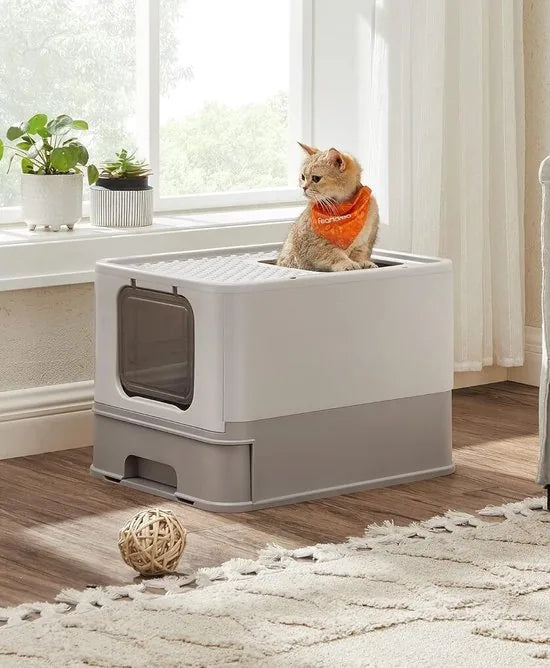 FurnStar - Kattenbak - Kattentoilet - Met Deksel - Uittrekbaar Dienblad - Schep - Borstel - Ruim - Voor Katten Tot 15 Kg - Minder Sporen - Lekvrije Bodem - Havermoutkleurig - Warmgrijs