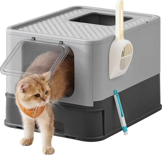 FurnStar - Kattenbak - Kattentoilet - Met Deksel - Uittrekbaar Dienblad - Schep - Borstel - Ruim - Voor Katten Tot 15 Kg - Minder Sporen - Lekvrije Bodem - Havermoutkleurig - Warmgrijs – Antracit-duifgrijs