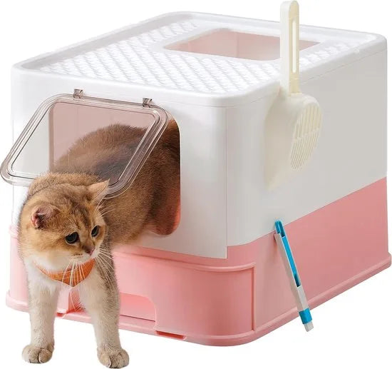 FurnStar - Kattenbak - Kattentoilet - Met Deksel - Uittrekbaar Dienblad - Schep - Borstel - Ruim - Voor Katten Tot 15 Kg - Minder Sporen - Lekvrije Bodem - Havermoutkleurig - Warmgrijs – Wit / pastelroze