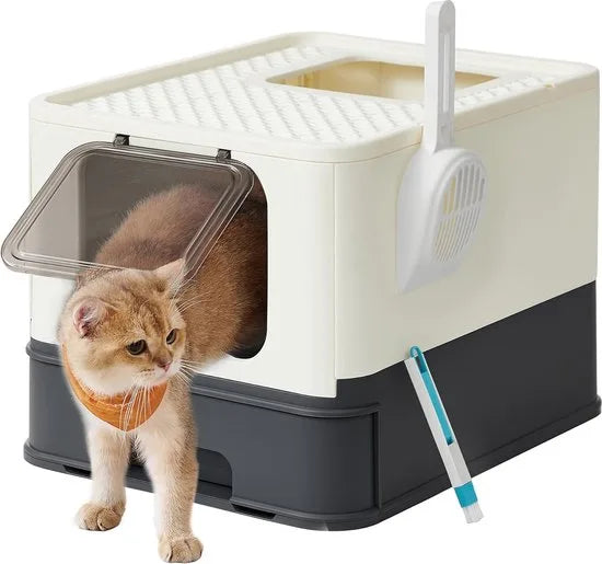 FurnStar - Kattenbak - Kattentoilet - Met Deksel - Uittrekbaar Dienblad - Schep - Borstel - Ruim - Voor Katten Tot 15 Kg - Minder Sporen - Lekvrije Bodem - Havermoutkleurig - Warmgrijs – Beige-zwart