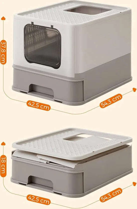 FurnStar - Kattenbak - Kattentoilet - Met Deksel - Uittrekbaar Dienblad - Schep - Borstel - Ruim - Voor Katten Tot 15 Kg - Minder Sporen - Lekvrije Bodem - Havermoutkleurig - Warmgrijs