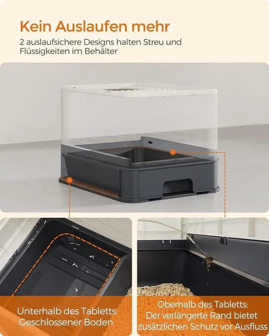 FurnStar - Kattenbak - Kattentoilet - Met Deksel - Uittrekbaar Dienblad - Schep - Borstel - Ruim - Voor Katten Tot 15 Kg - Minder Sporen - Lekvrije Bodem - Havermoutkleurig - Warmgrijs – Beige-zwart