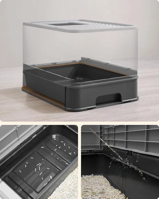FurnStar - Kattenbak - Kattentoilet - Met Deksel - Uittrekbaar Dienblad - Schep - Borstel - Ruim - Voor Katten Tot 15 Kg - Minder Sporen - Lekvrije Bodem - Havermoutkleurig - Warmgrijs – Antracit-duifgrijs