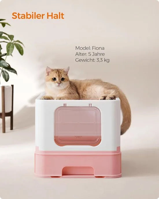 FurnStar - Kattenbak - Kattentoilet - Met Deksel - Uittrekbaar Dienblad - Schep - Borstel - Ruim - Voor Katten Tot 15 Kg - Minder Sporen - Lekvrije Bodem - Havermoutkleurig - Warmgrijs – Wit / pastelroze