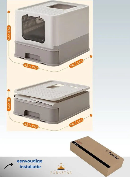 FurnStar - Kattenbak - Kattentoilet - Met Deksel - Uittrekbaar Dienblad - Schep - Borstel - Ruim - Voor Katten Tot 15 Kg - Minder Sporen - Lekvrije Bodem - Havermoutkleurig - Warmgrijs
