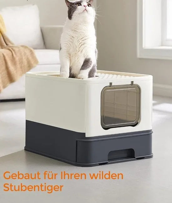 FurnStar - Kattenbak - Kattentoilet - Met Deksel - Uittrekbaar Dienblad - Schep - Borstel - Ruim - Voor Katten Tot 15 Kg - Minder Sporen - Lekvrije Bodem - Havermoutkleurig - Warmgrijs – Beige-zwart