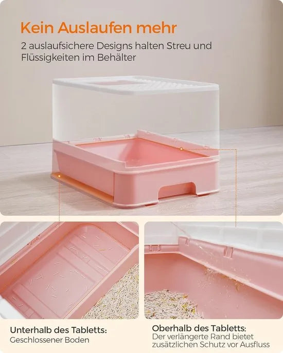 FurnStar - Kattenbak - Kattentoilet - Met Deksel - Uittrekbaar Dienblad - Schep - Borstel - Ruim - Voor Katten Tot 15 Kg - Minder Sporen - Lekvrije Bodem - Havermoutkleurig - Warmgrijs – Wit / pastelroze