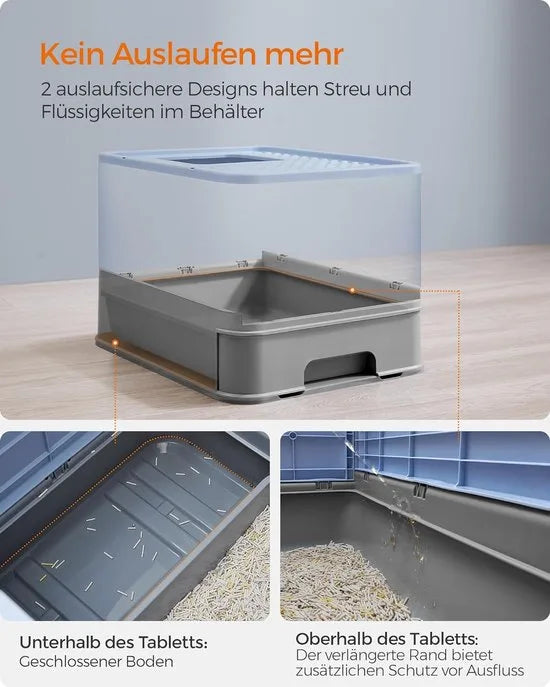 FurnStar - Kattenbak - Kattentoilet - Met Deksel - Uittrekbaar Dienblad - Schep - Borstel - Ruim - Voor Katten Tot 15 Kg - Minder Sporen - Lekvrije Bodem - Havermoutkleurig - Warmgrijs – Lichtblauw / duifgrijs