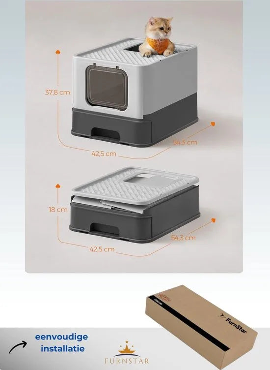 FurnStar - Kattenbak - Kattentoilet - Met Deksel - Uittrekbaar Dienblad - Schep - Borstel - Ruim - Voor Katten Tot 15 Kg - Minder Sporen - Lekvrije Bodem - Havermoutkleurig - Warmgrijs – Antracit-duifgrijs