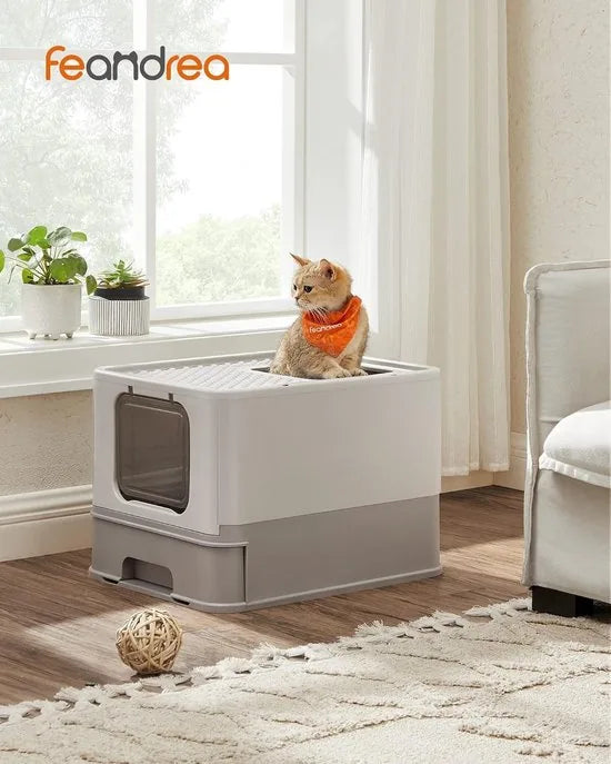 FurnStar - Kattenbak - Kattentoilet - Met Deksel - Uittrekbaar Dienblad - Schep - Borstel - Ruim - Voor Katten Tot 15 Kg - Minder Sporen - Lekvrije Bodem - Havermoutkleurig - Warmgrijs
