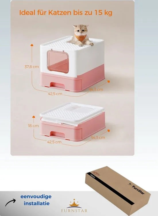 FurnStar - Kattenbak - Kattentoilet - Met Deksel - Uittrekbaar Dienblad - Schep - Borstel - Ruim - Voor Katten Tot 15 Kg - Minder Sporen - Lekvrije Bodem - Havermoutkleurig - Warmgrijs – Wit / pastelroze