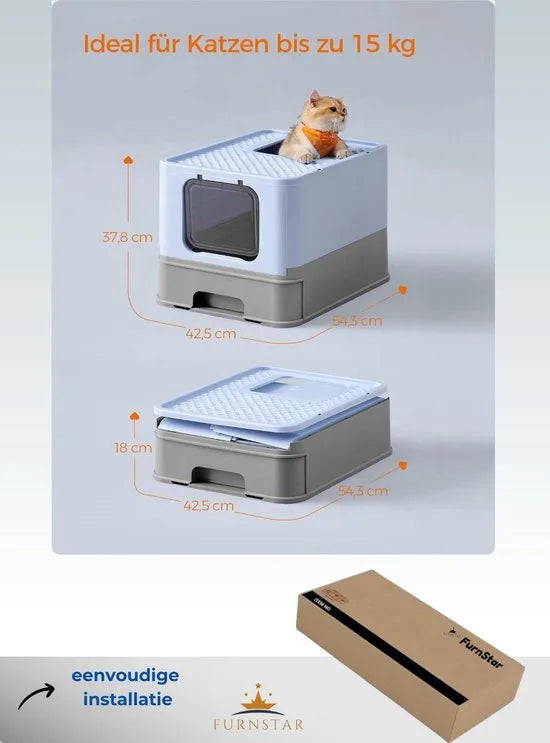 FurnStar - Kattenbak - Kattentoilet - Met Deksel - Uittrekbaar Dienblad - Schep - Borstel - Ruim - Voor Katten Tot 15 Kg - Minder Sporen - Lekvrije Bodem - Havermoutkleurig - Warmgrijs – Lichtblauw / duifgrijs