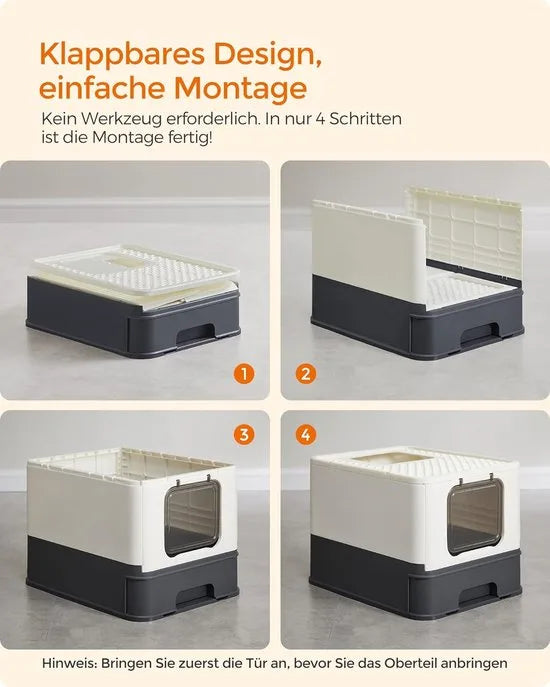 FurnStar - Kattenbak - Kattentoilet - Met Deksel - Uittrekbaar Dienblad - Schep - Borstel - Ruim - Voor Katten Tot 15 Kg - Minder Sporen - Lekvrije Bodem - Havermoutkleurig - Warmgrijs – Beige-zwart