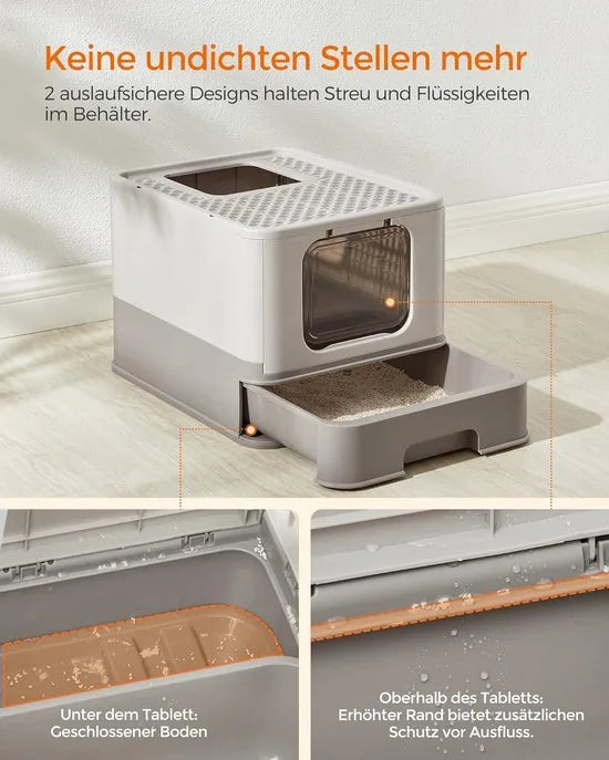FurnStar - Kattenbak - Kattentoilet - Met Deksel - Uittrekbaar Dienblad - Schep - Borstel - Ruim - Voor Katten Tot 15 Kg - Minder Sporen - Lekvrije Bodem - Havermoutkleurig - Warmgrijs