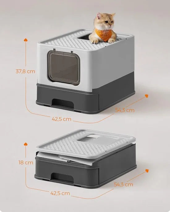 FurnStar - Kattenbak - Kattentoilet - Met Deksel - Uittrekbaar Dienblad - Schep - Borstel - Ruim - Voor Katten Tot 15 Kg - Minder Sporen - Lekvrije Bodem - Havermoutkleurig - Warmgrijs – Antracit-duifgrijs