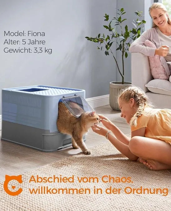 FurnStar - Kattenbak - Kattentoilet - Met Deksel - Uittrekbaar Dienblad - Schep - Borstel - Ruim - Voor Katten Tot 15 Kg - Minder Sporen - Lekvrije Bodem - Havermoutkleurig - Warmgrijs – Lichtblauw / duifgrijs