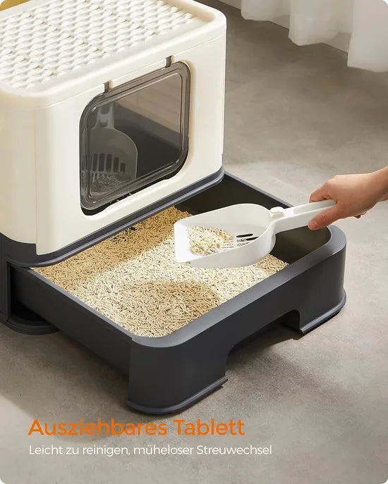FurnStar - Kattenbak - Kattentoilet - Met Deksel - Uittrekbaar Dienblad - Schep - Borstel - Ruim - Voor Katten Tot 15 Kg - Minder Sporen - Lekvrije Bodem - Havermoutkleurig - Warmgrijs – Beige-zwart