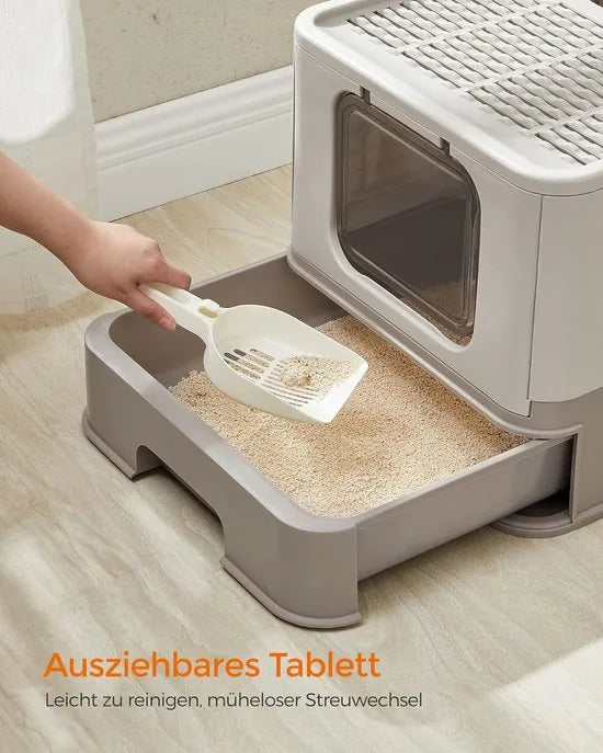 FurnStar - Kattenbak - Kattentoilet - Met Deksel - Uittrekbaar Dienblad - Schep - Borstel - Ruim - Voor Katten Tot 15 Kg - Minder Sporen - Lekvrije Bodem - Havermoutkleurig - Warmgrijs