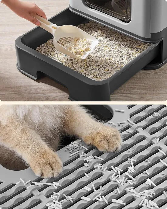 FurnStar - Kattenbak - Kattentoilet - Met Deksel - Uittrekbaar Dienblad - Schep - Borstel - Ruim - Voor Katten Tot 15 Kg - Minder Sporen - Lekvrije Bodem - Havermoutkleurig - Warmgrijs – Antracit-duifgrijs