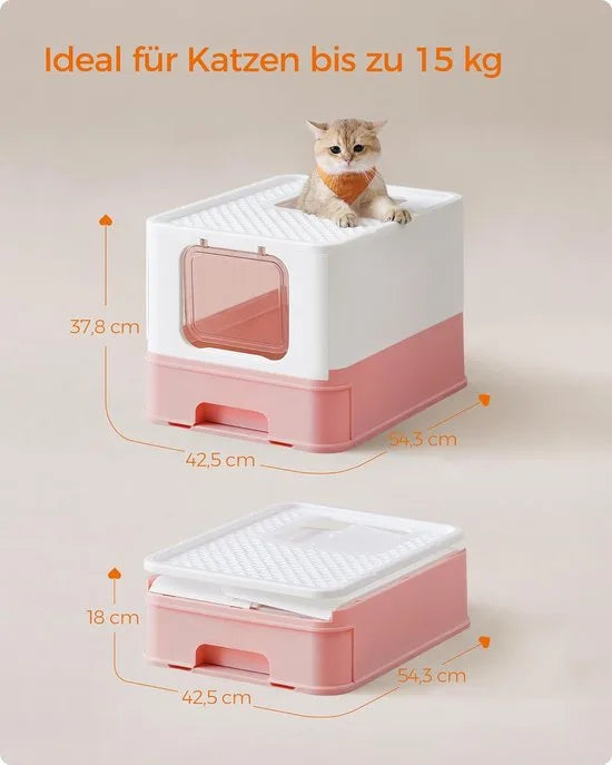 FurnStar - Kattenbak - Kattentoilet - Met Deksel - Uittrekbaar Dienblad - Schep - Borstel - Ruim - Voor Katten Tot 15 Kg - Minder Sporen - Lekvrije Bodem - Havermoutkleurig - Warmgrijs – Wit / pastelroze