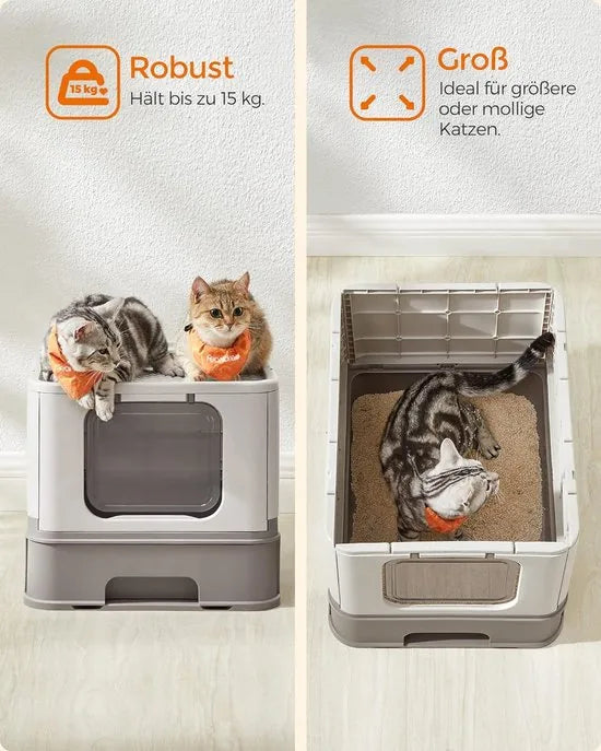 FurnStar - Kattenbak - Kattentoilet - Met Deksel - Uittrekbaar Dienblad - Schep - Borstel - Ruim - Voor Katten Tot 15 Kg - Minder Sporen - Lekvrije Bodem - Havermoutkleurig - Warmgrijs