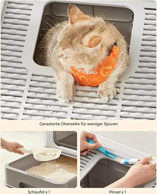 FurnStar - Kattenbak - Kattentoilet - Met Deksel - Uittrekbaar Dienblad - Schep - Borstel - Ruim - Voor Katten Tot 15 Kg - Minder Sporen - Lekvrije Bodem - Havermoutkleurig - Warmgrijs