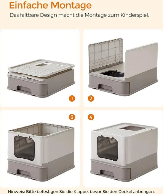 FurnStar - Kattenbak - Kattentoilet - Met Deksel - Uittrekbaar Dienblad - Schep - Borstel - Ruim - Voor Katten Tot 15 Kg - Minder Sporen - Lekvrije Bodem - Havermoutkleurig - Warmgrijs