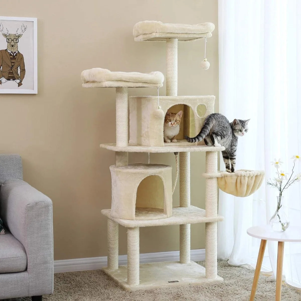 FurnStar - Kattenboom - Hoge Kattentoren - 2 Grotten - Beige