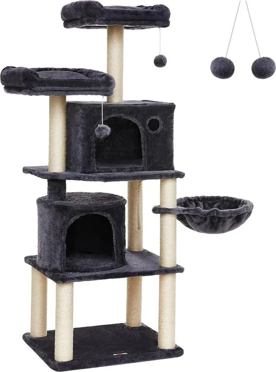 FurnStar - Kattenboom - Hoge Kattentoren - 2 Grotten - Grijs – Rokerig grijs