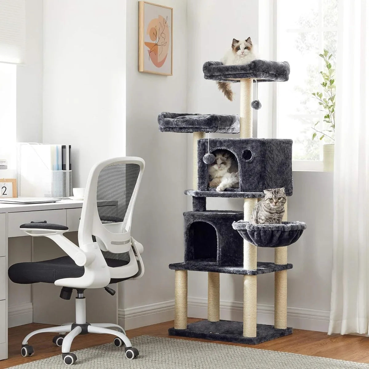 FurnStar - Kattenboom - Hoge Kattentoren - 2 Grotten - Grijs – Rokerig grijs