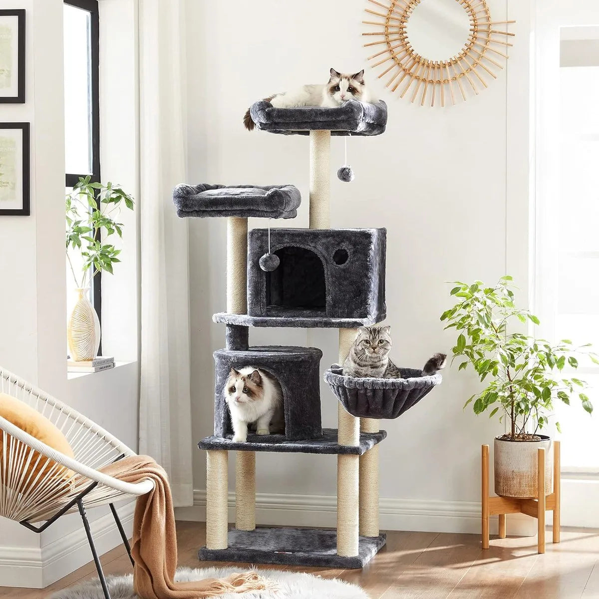 FurnStar - Kattenboom - Hoge Kattentoren - 2 Grotten - Grijs – Rokerig grijs