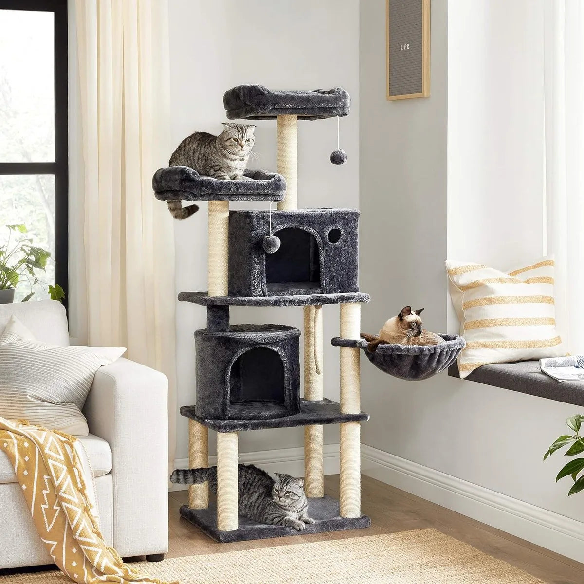 FurnStar - Kattenboom - Hoge Kattentoren - 2 Grotten - Grijs – Rokerig grijs