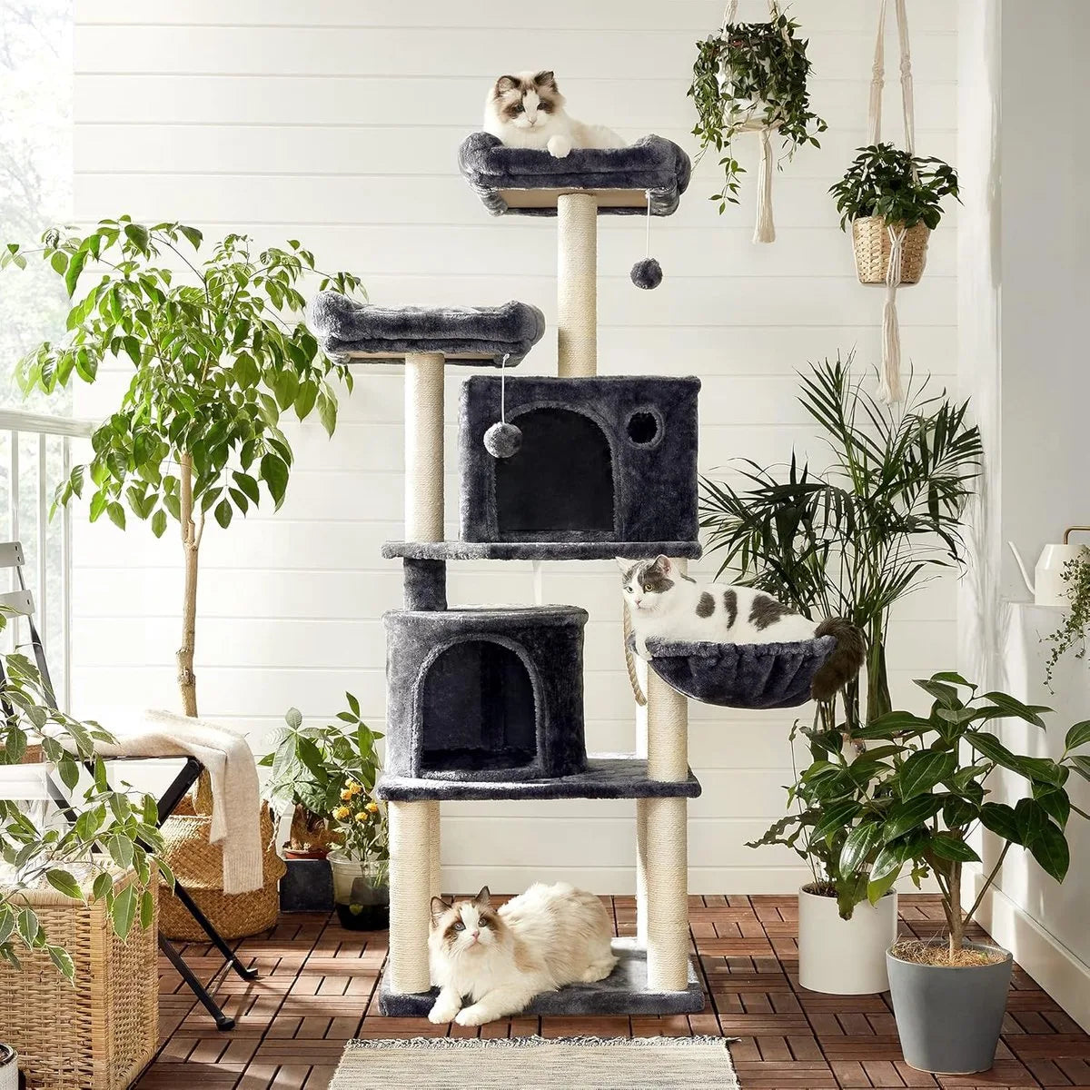 FurnStar - Kattenboom - Hoge Kattentoren - 2 Grotten - Grijs – Rokerig grijs