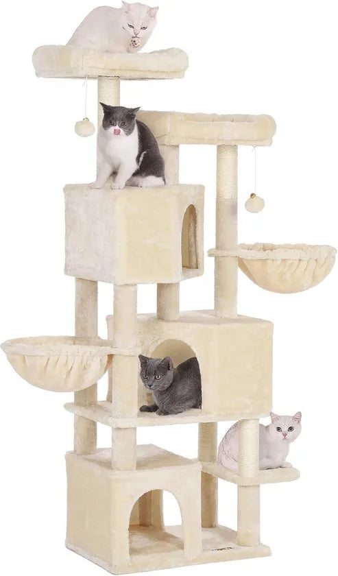 FurnStar - Kattenboom - Krabpaal groot - met 3 kattenholletjes - 164 cm kattenboom - Beige