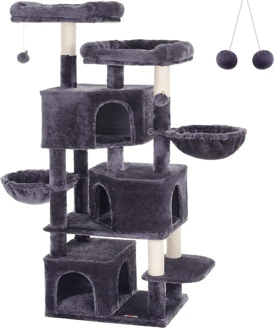 FurnStar - Kattenboom - Krabpaal groot - met 3 kattenholletjes - 164 cm kattenboom - Rookgrijs
