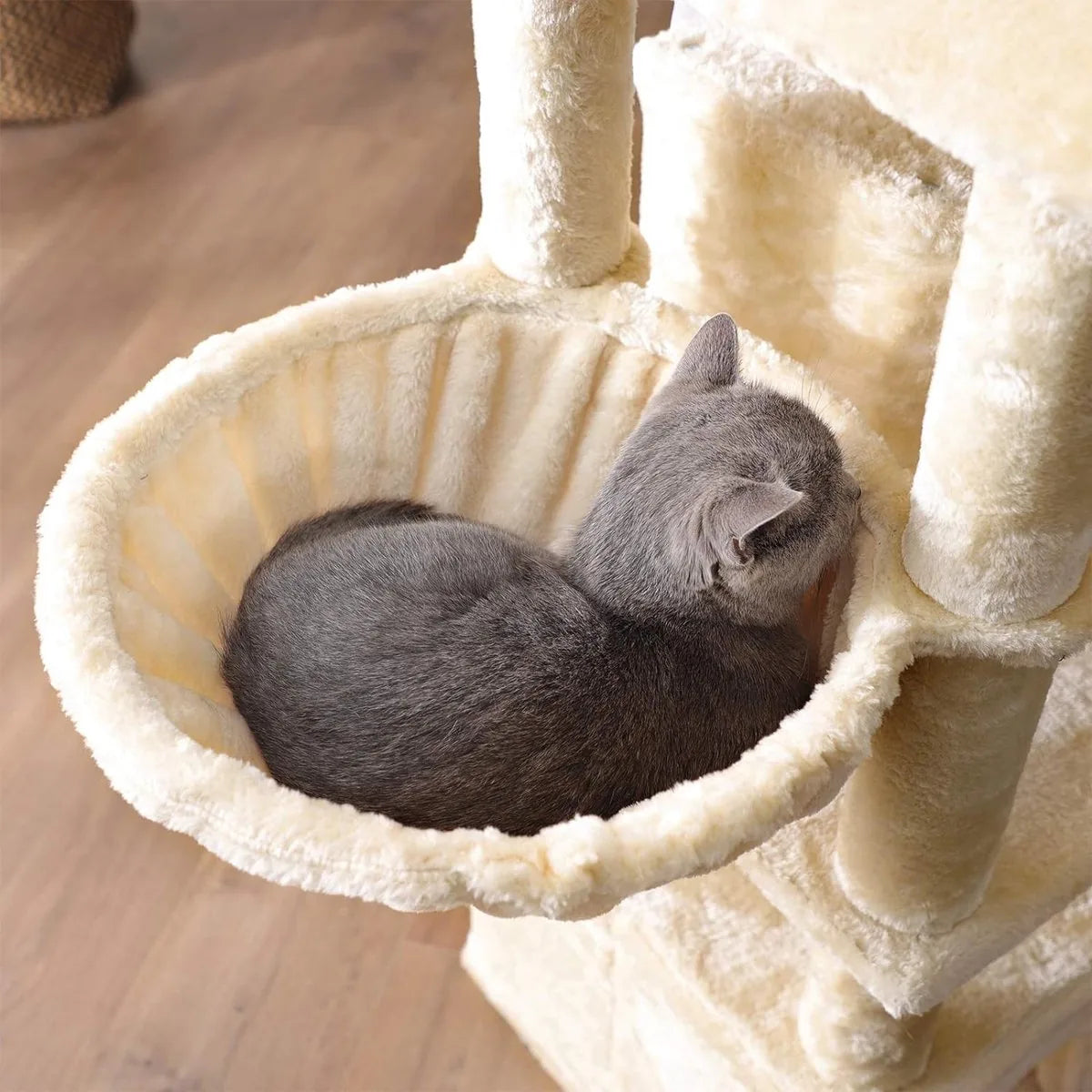 FurnStar - Kattenboom - Krabpaal groot - met 3 kattenholletjes - 164 cm kattenboom - Rookgrijs – Creme