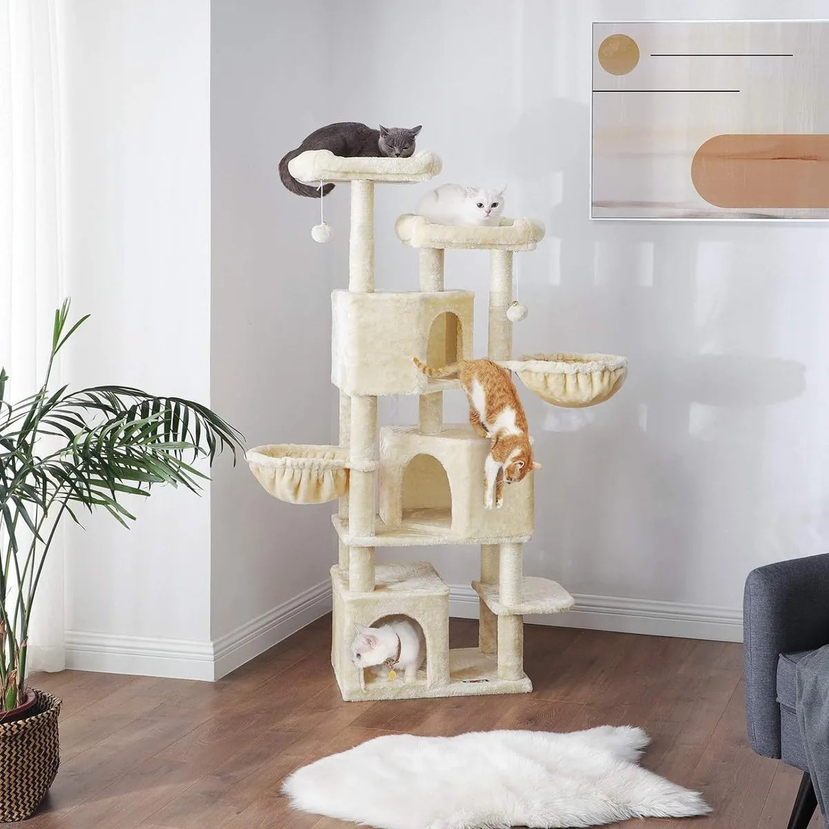 FurnStar - Kattenboom - Krabpaal groot - met 3 kattenholletjes - 164 cm kattenboom - Beige