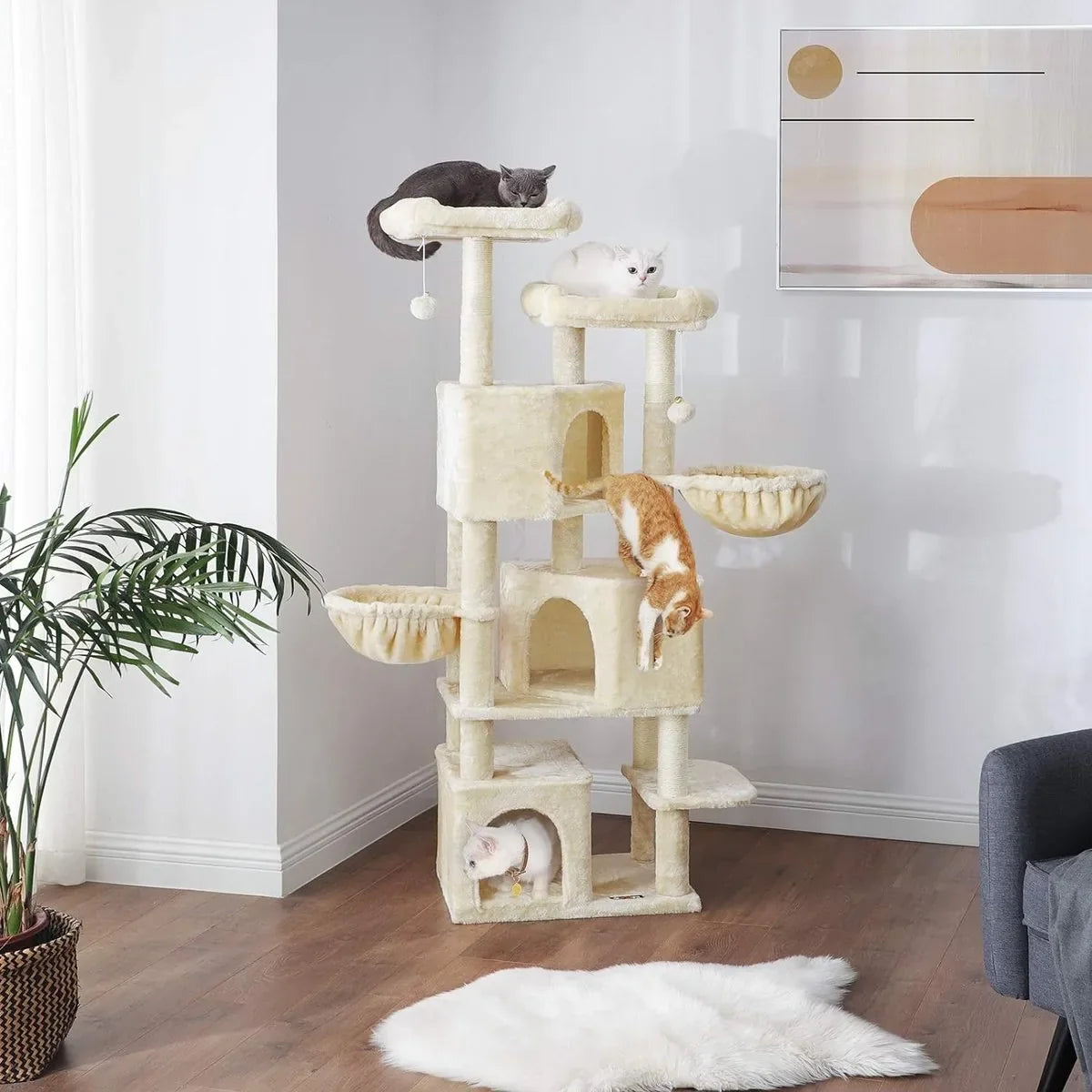 FurnStar - Kattenboom - Krabpaal groot - met 3 kattenholletjes - 164 cm kattenboom - Rookgrijs – Creme