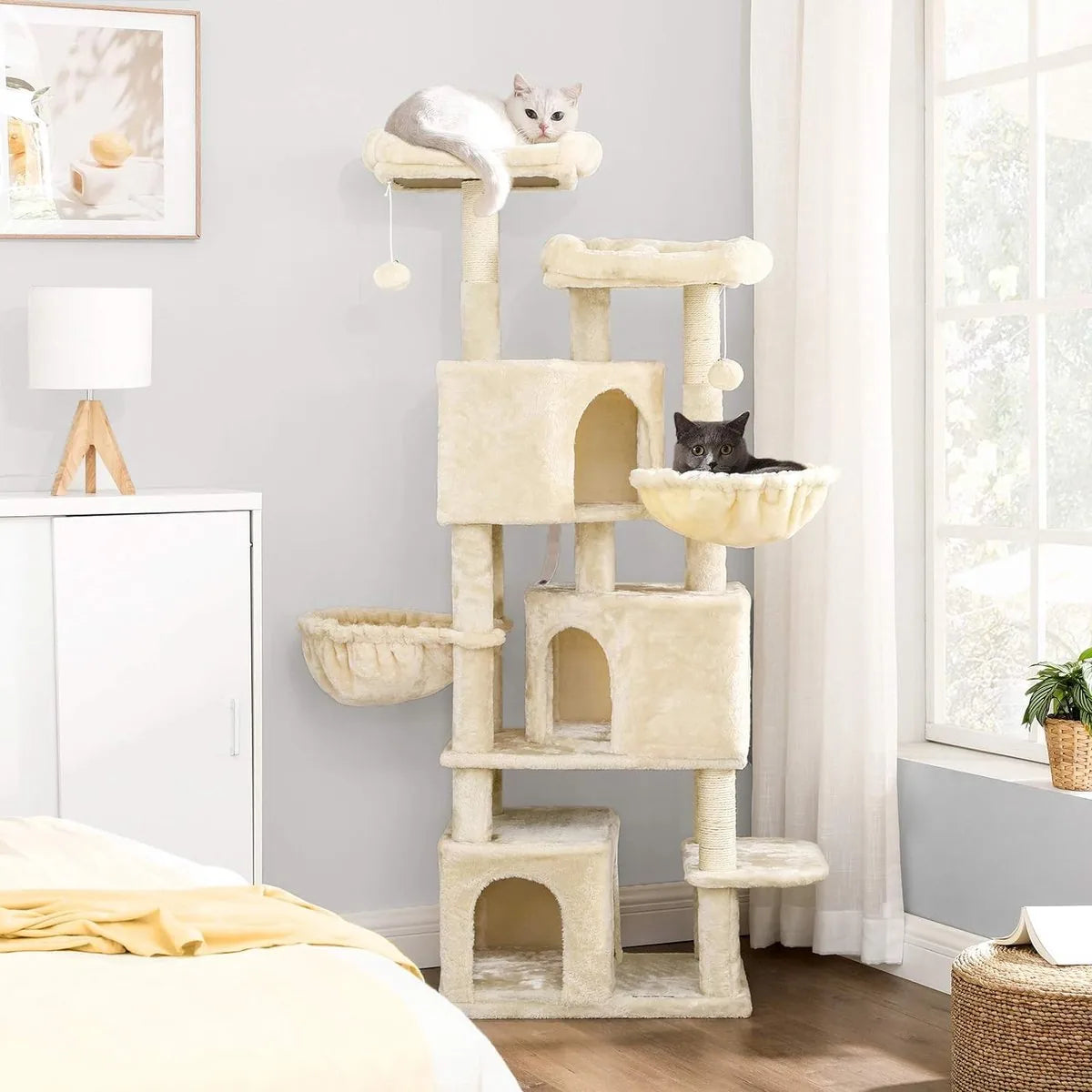 FurnStar - Kattenboom - Krabpaal groot - met 3 kattenholletjes - 164 cm kattenboom - Beige