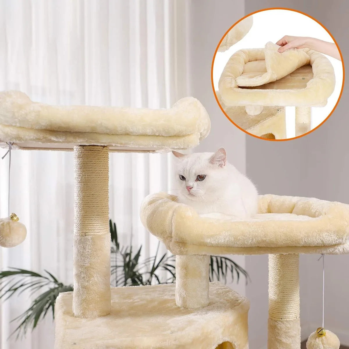 FurnStar - Kattenboom - Krabpaal groot - met 3 kattenholletjes - 164 cm kattenboom - Beige