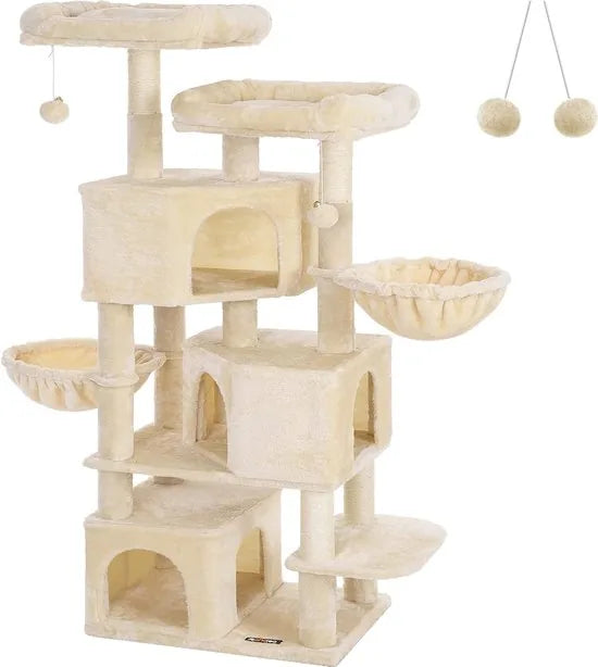 FurnStar - Kattenboom - Krabpaal groot - met 3 kattenholletjes - 164 cm kattenboom - Beige