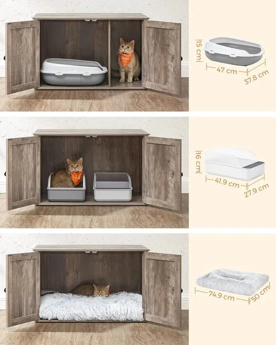 Furnstar Kattenhuis - Kattenbakkast met uitneembare scheidingswand - Tafel - 80 x 53 x 50 cm - Vintage Bruin – Greige Furnstar Kattenhuis Kattenbakk (5511)